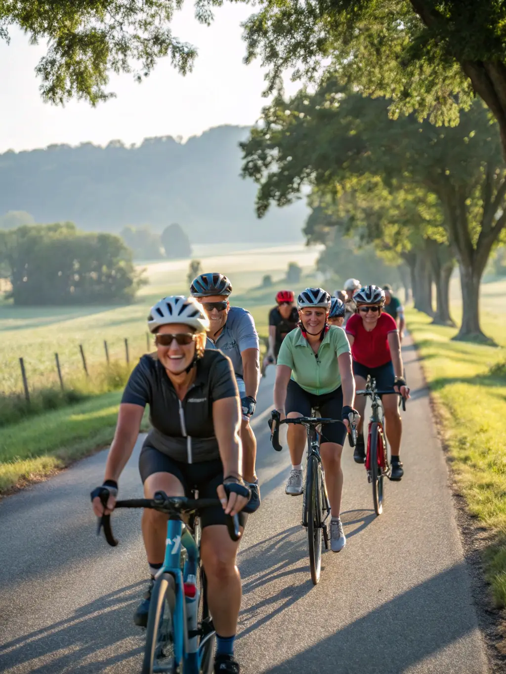A photograph capturing a group of VELO CLUB VERNONNAIS members cycling through the picturesque countryside of Vernon, France, showcasing the joy of outdoor activity and camaraderie.