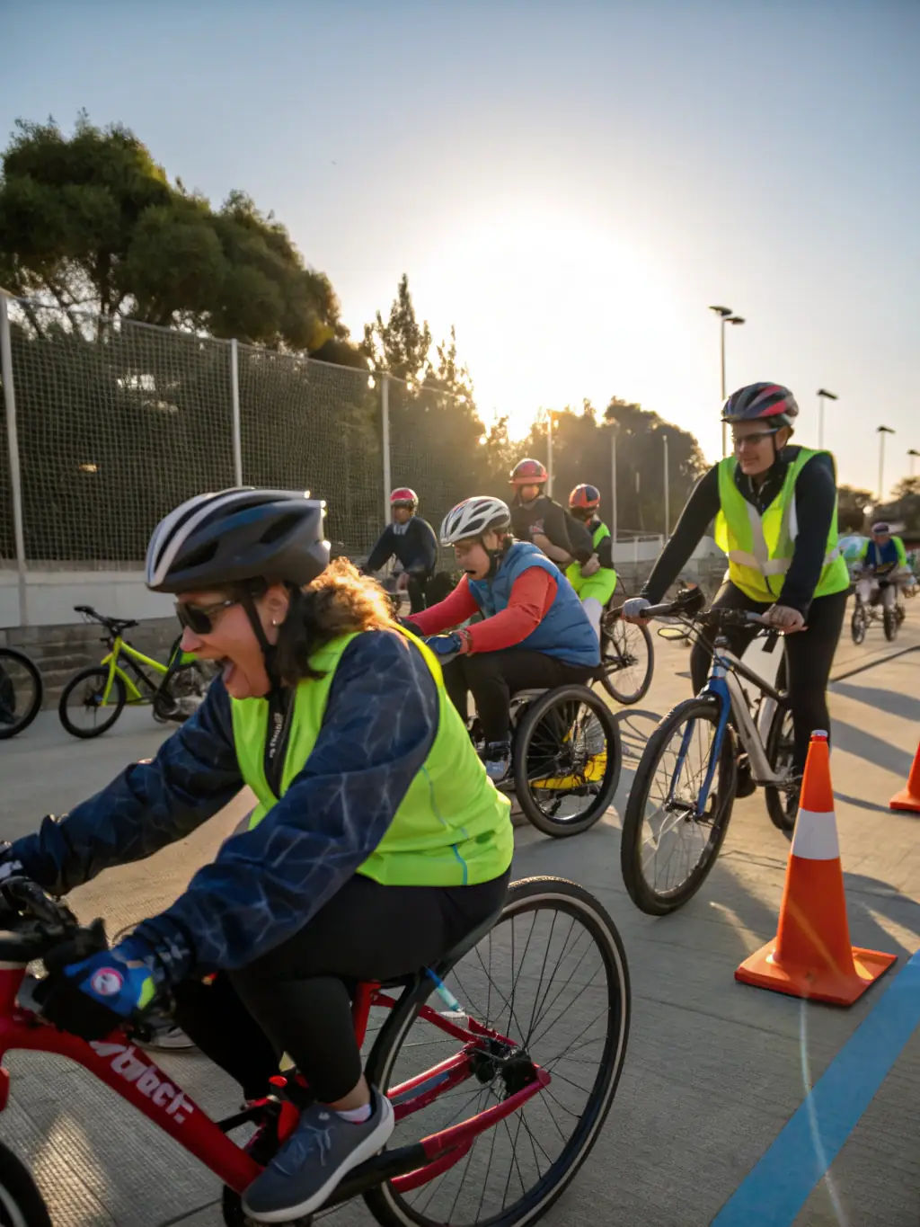 A photo of young cyclists participating in a cycling safety workshop organized by VELO CLUB VERNONNAIS, emphasizing the club's commitment to youth development and road safety.