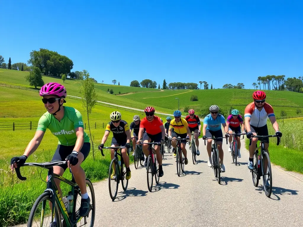 A group of cyclists of varying ages and abilities riding together on a scenic country road, showcasing a community cycling program organized by VELO CLUB VERNONNAIS.