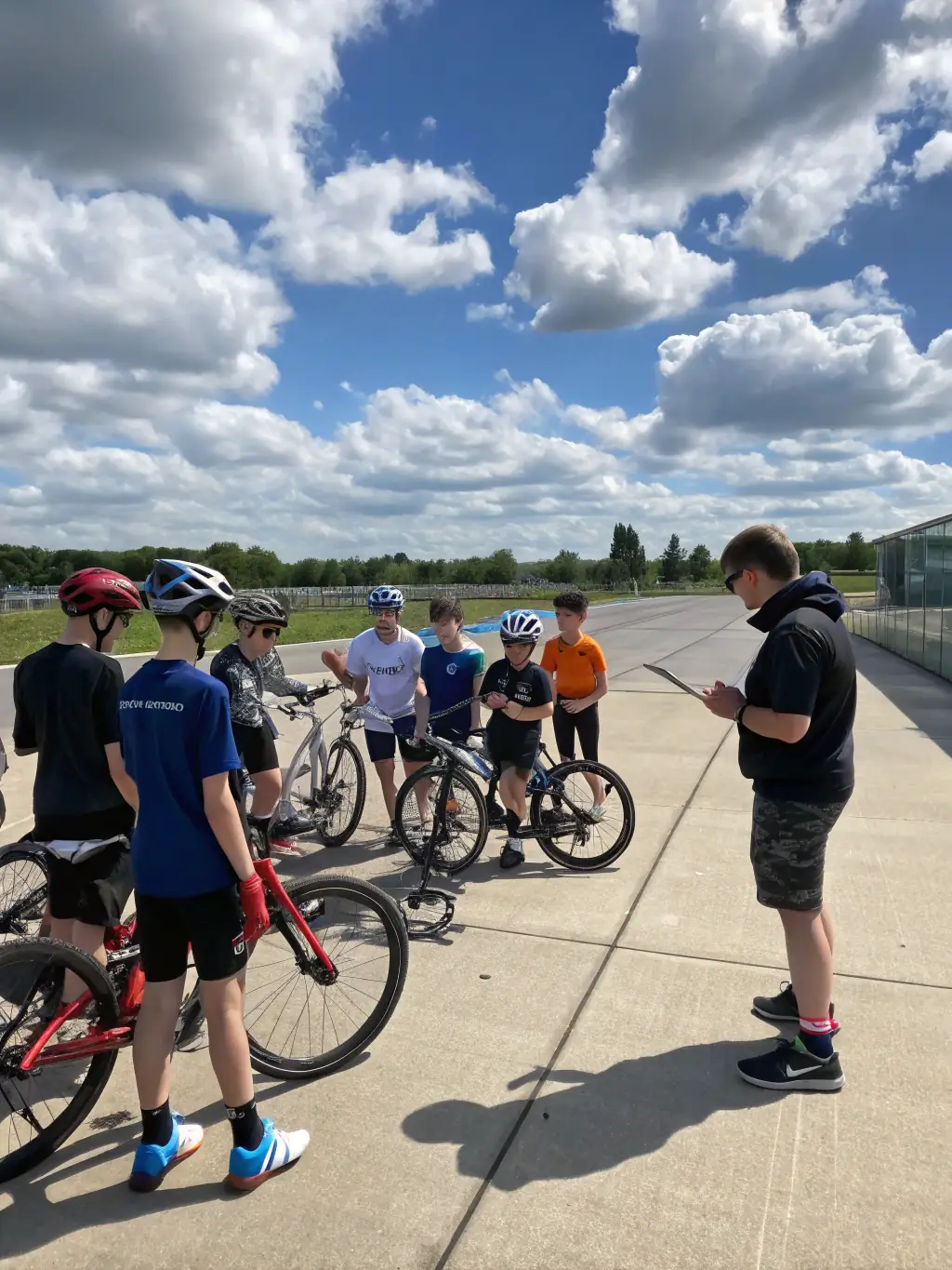 A diverse group of community members participating in a cycling safety workshop organized by VELO CLUB VERNONNAIS, highlighting the club's dedication to promoting safe cycling practices and community well-being.