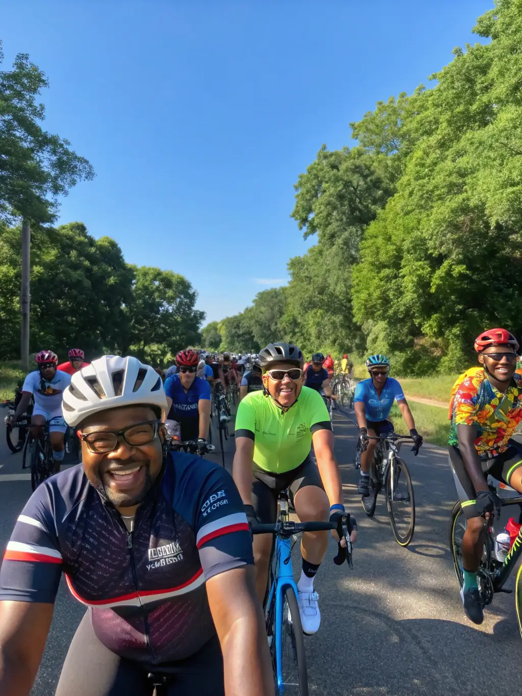 A group of cyclists of varying ages and abilities riding together on a sunny day in Vernon, France, showcasing the inclusive nature of VELO CLUB VERNONNAIS's community cycling program.